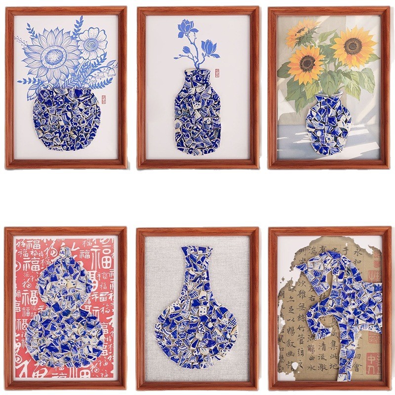Father's Day Handmade DIY Mosaic Blue and White Ceramic Decorative Painting Chinese Intangible Cultural Heritage Kidsren's Paste Material Package Activity