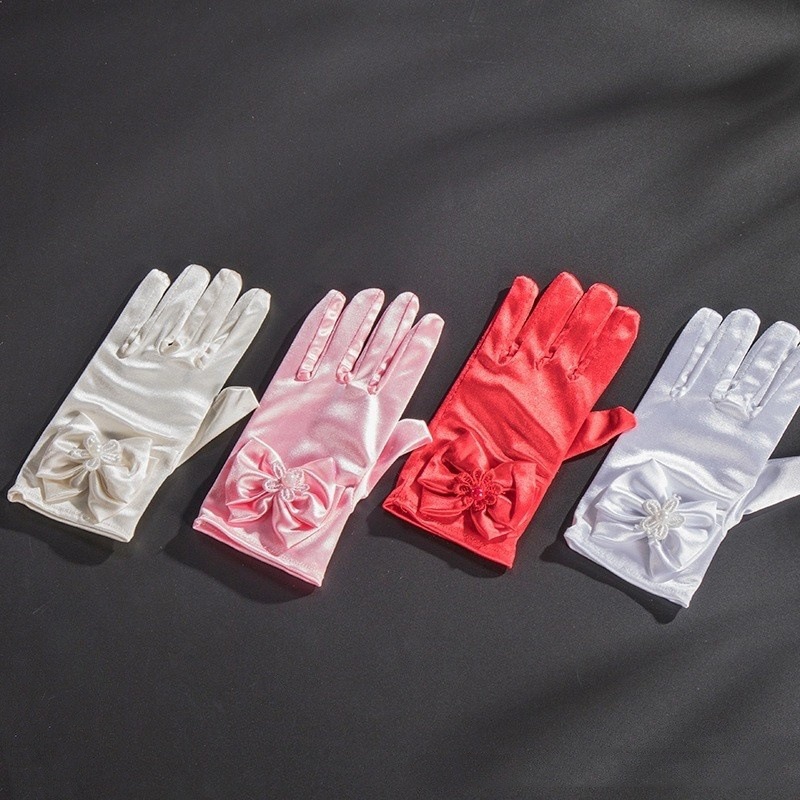 Popular Children's Short Five-Finger Gloves White Powder Rice Red Ding Stretch Satin Cute Bow Gloves