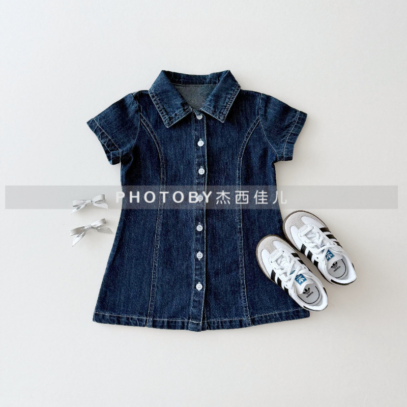 Girls Ins Denim Dress Summer New Baby Girl Fashion Denim Lapel Short-Sleeved Button Korean Style A-Line Skirt