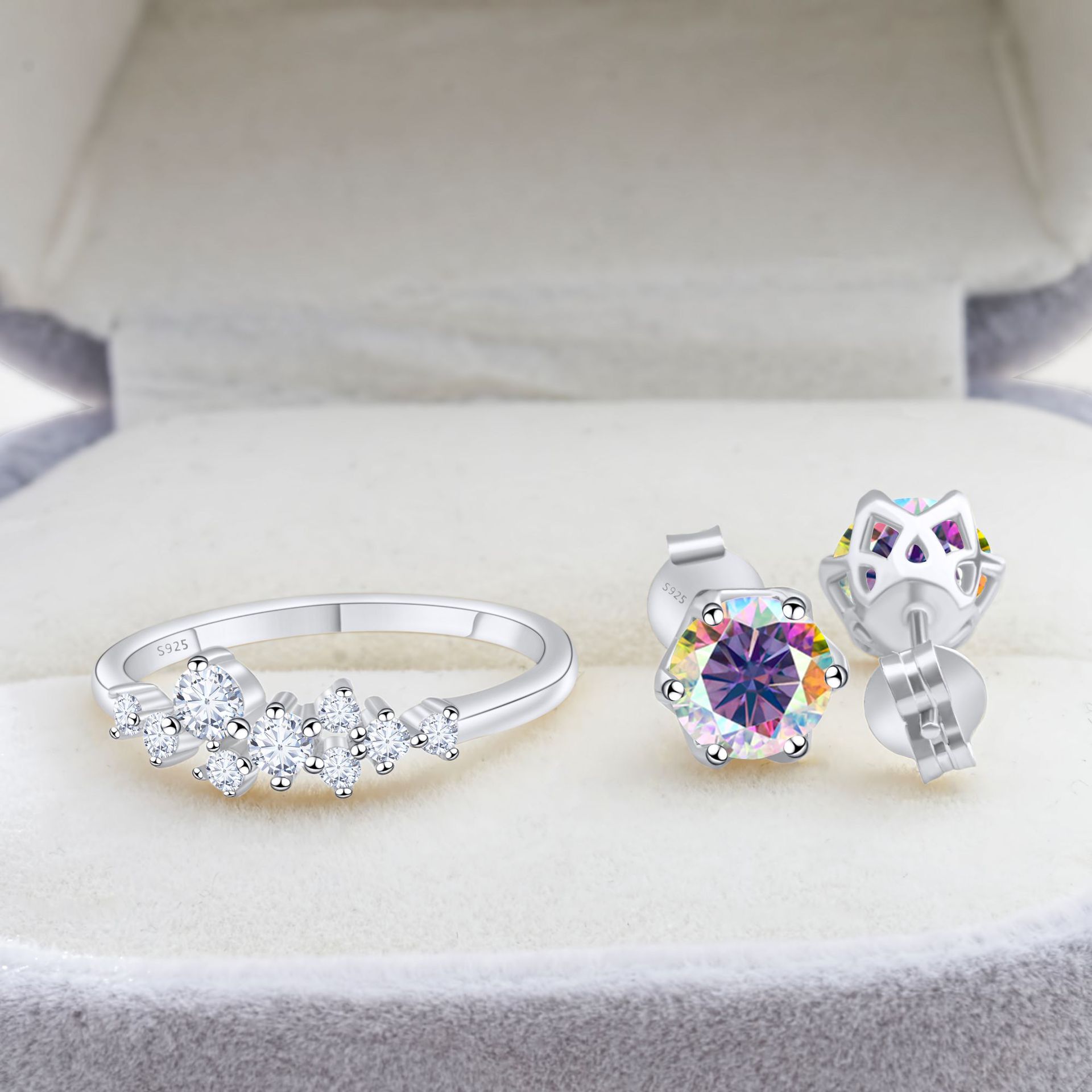 Cross-Border Exclusive S925 Silver Moissanite Set Earrings + Ring with Certificate Sparkling Fire Diamond Cross-Border Hot Sale