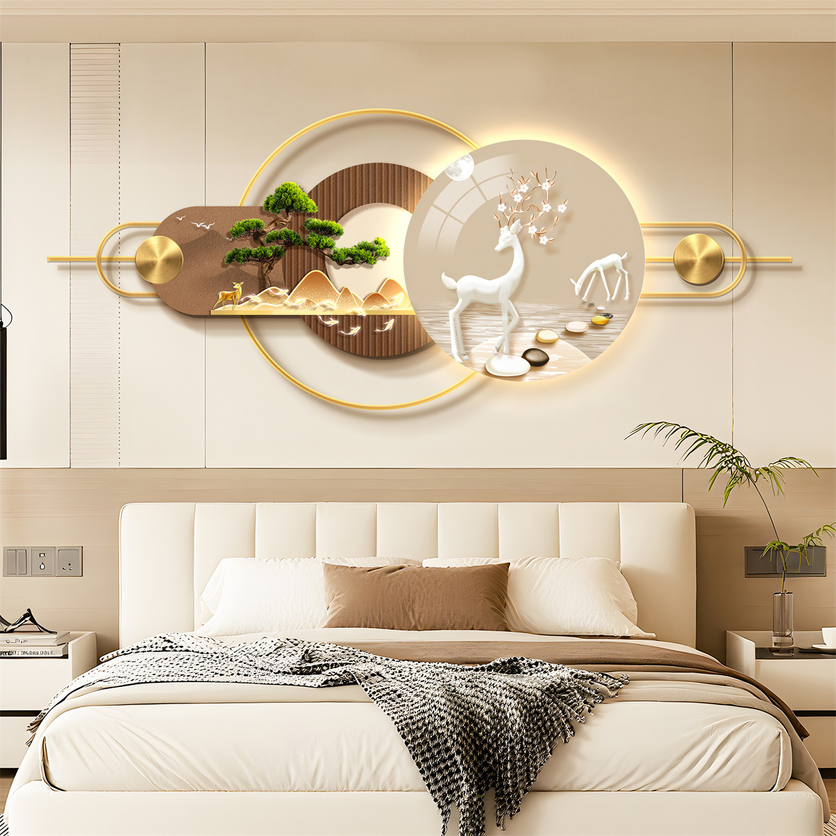 Bedroom Three-Dimensional Mural Decorative Painting Bedroom Bedside High-End Room Background Wall Aluminum Alloy Combination Hanging Painting