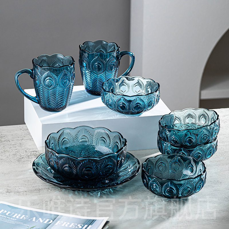 Dark Blue Peacock Salad Bowl Fruit Plate Glass Handle Cup Creative Gift Set Business Event Sign-In Gift Series Soup Bowl