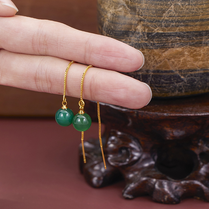 Кorean style personalized box chain earrings women's retro ethnic style lady agate round beads long earrings wholesale