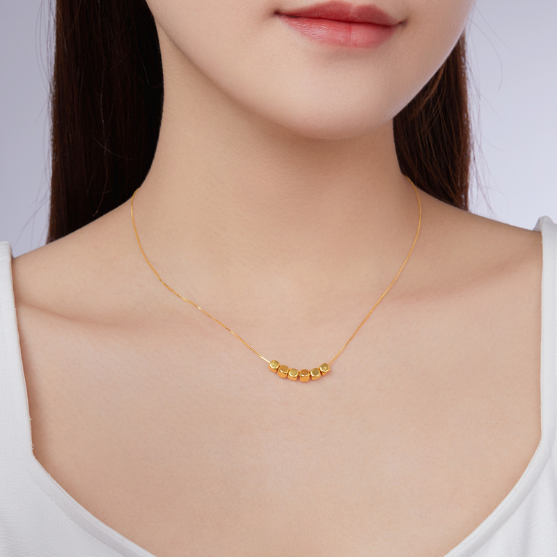 Pure Gold 999 Small Sugar Cube Necklace 3D Hard Gold Small Gold Bead Pendant 24K Gold Square Gold Bead Chain Set