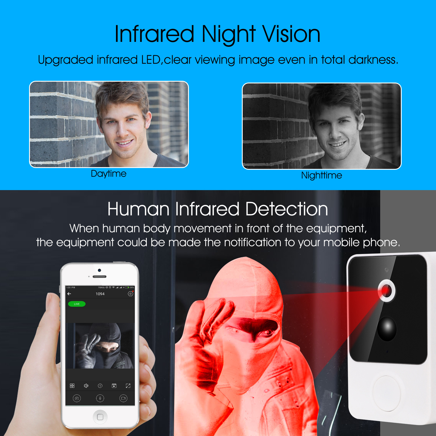 Cross-Border Hot Product H8 Low-Power Wifi Smart Doorbell Small Doorbell Pir Motion Detection