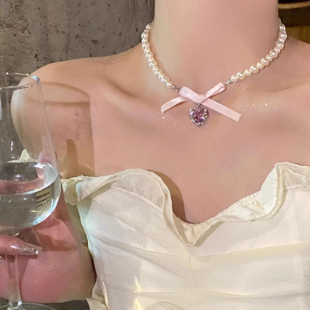 French style pink heart bow all-match pearl necklace female niche design sweet pure desire necklace clavicle chain