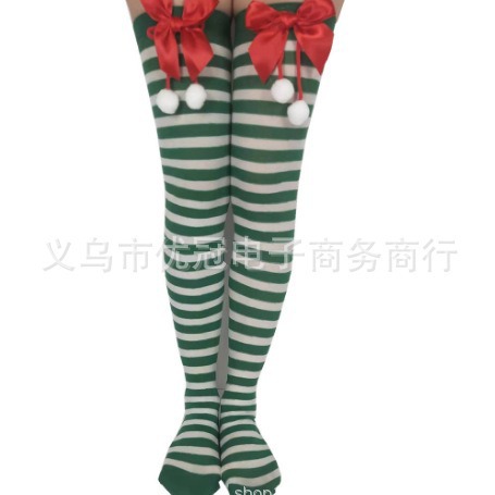 Christmas stockings red and green striped socks clothing accessories sticky three-dimensional Santa Claus accessories over the knee stockings
