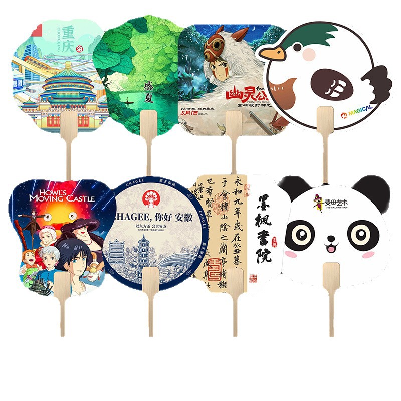 Corporate Promotional Wooden Handle Advertising Fan Customized Cultural and Creative Wooden Handle Ancient Style Round Fan Customized Printed Paper Plastic Promotional Fan