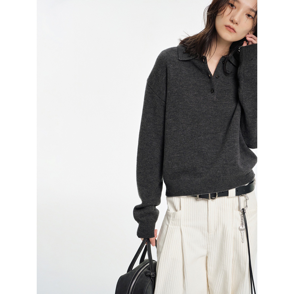 Juslin High-Quality Wool M*Iu Layered Retro Versatile Polo Lapel Knitted Sweater K1113