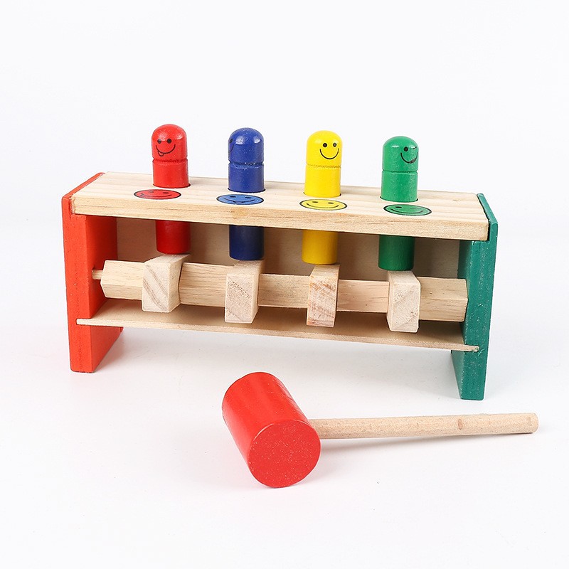 Wooden Montessori Teaching Aware Children's Knocking Toy Strike Flying Man 1-3 Years Old Children's concentration training Knocking pile table