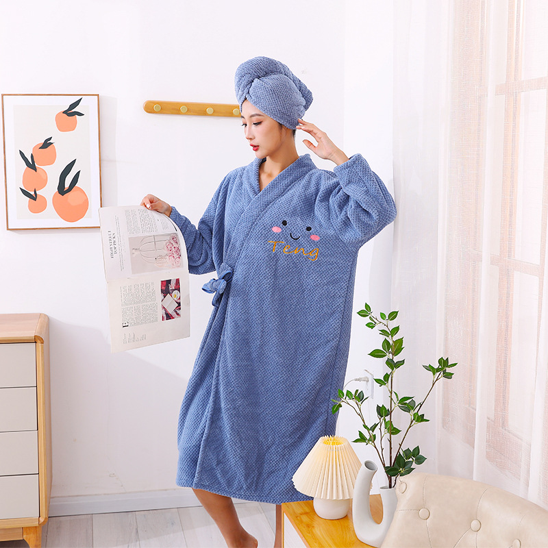 Winter bathrobe women's wearable bath towel coral fleece thickened household cross strap long sleeve bath skirt hair drying hat wholesale