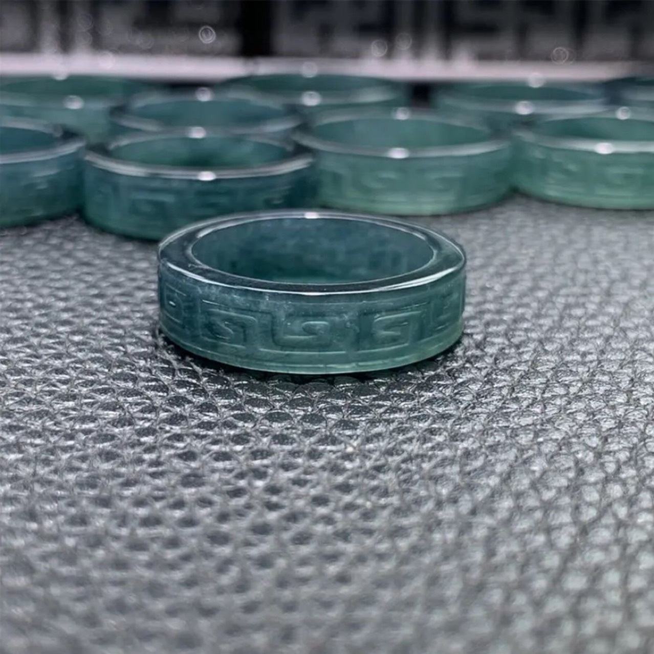 Original Natural A-Grade Jadeite Blue Water Antique Pattern Square Ring Ice Jade Men's and Women's Jade Ring Stylish