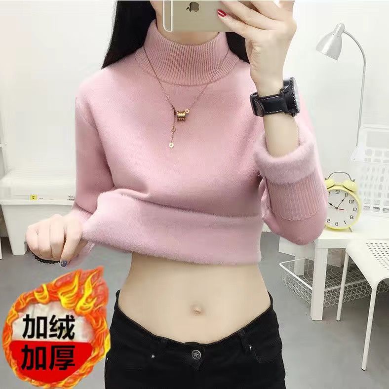 One-piece velvet sweater women's thick 2023 new fleece-lined high collar pullover with solid color base sweater wholesale