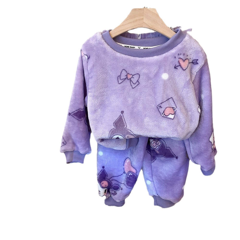 New Flannel Pajamas Children's Coral Velvet Boys and Girls Baby Cartoon Crewneck Home Clothes fleece-lined Thickened Set