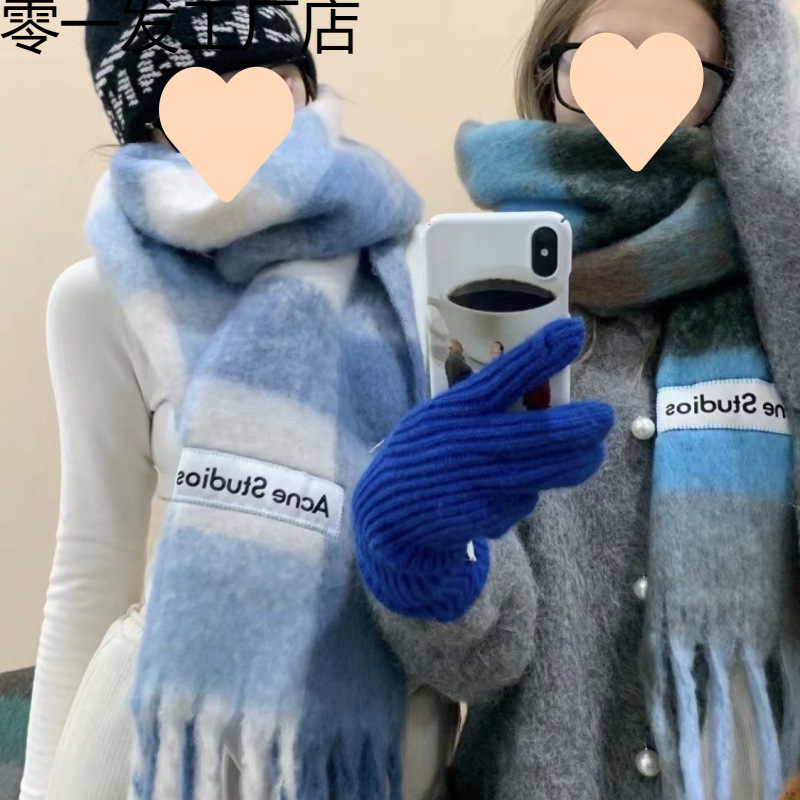 New Autumn and Winter Thickened Warm Rainbow Plaid Scarf European and American Style Loop Yarn Thick Tassel Color-Blocked Shawl