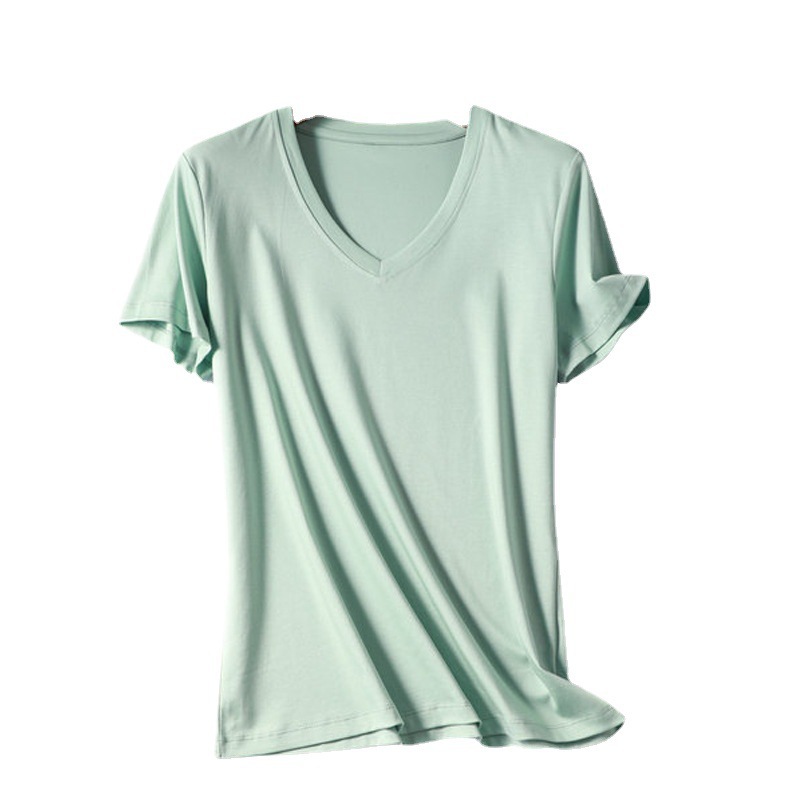 New Cool Double-Sided Mercerized Cotton Short-Sleeved White T-Shirt for Women Summer Loose V Neck Versatile Pure Color Half-Sleeved T-Shirt