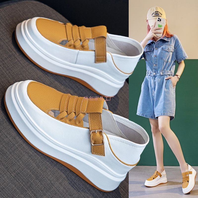 Two-Wear Baotou Sandals for Women Genuine Leather 2025 New Summer Cut Out Breathable Versatile Thick-Soled Inner Heightening White Shoes