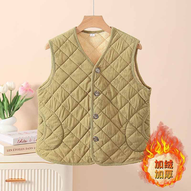Mom's Fleece-Lined Corduroy Three-Dimensional New Chinese Style Young Embossed Waistcoat Fashionable Warm Autumn and Winter Thickened Vest