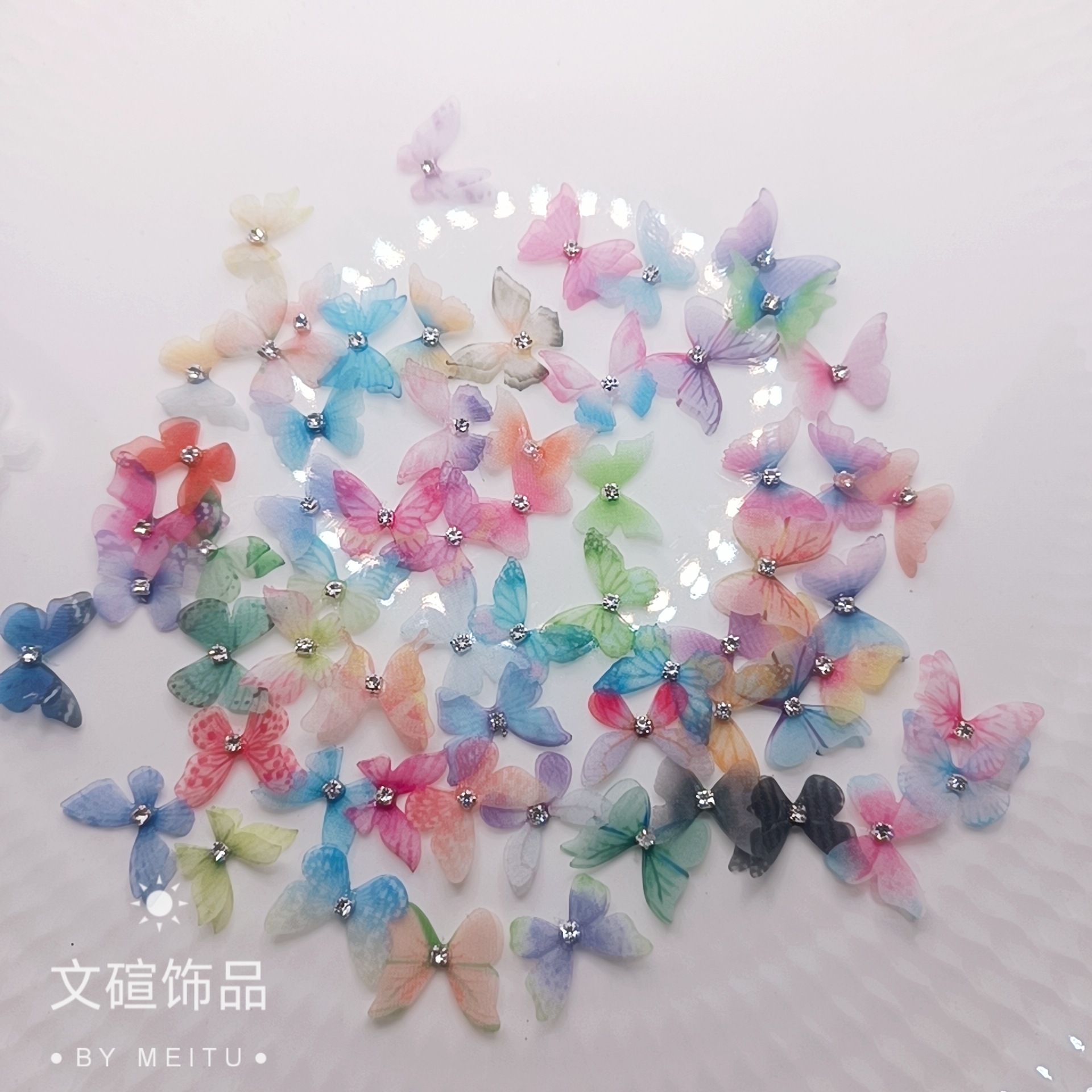 2cm 100 Double-layer Butterfly with Diamond Double-layer Stereo Tulle Mesh Butterfly diy Nail Art Face Beauty Decoration.