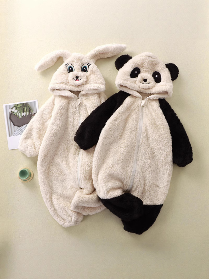 Baby cartoon bunny panda plush jumpsuit infant cute warm clothes children's one-piece homewear Coverall