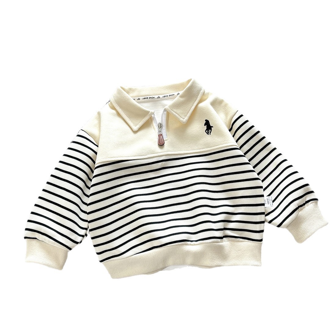 Children's Sweatshirt 2025 Autum New Style Zipper Polo Collar Long-Sleeved Stripesd Splicing Versatile Top for Men and Women