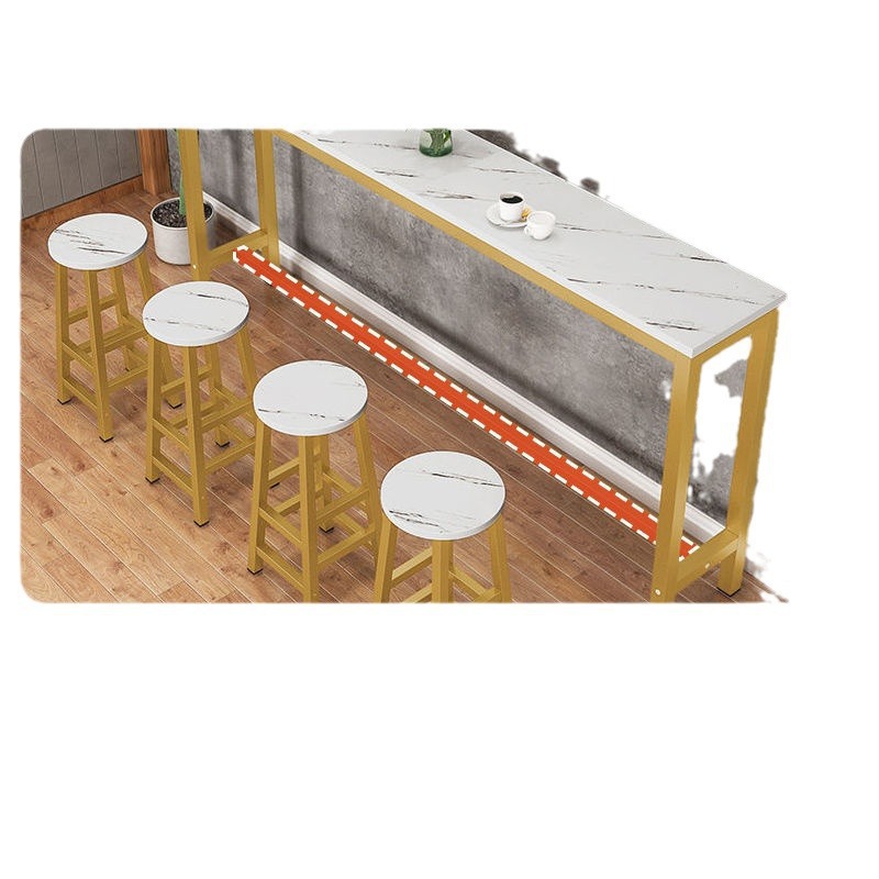 Bar Table Set for Milk Tea Shop, High Stools and Narrow Table Against the Wall, Simple Rectangular Design