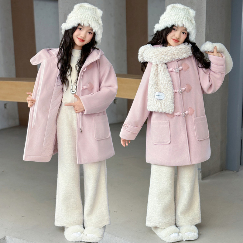 Girls Autumn and Winter Jacket 2025 New Children's Girls Winter Thickened Mid-Length Pink Hooded Woolen Coat