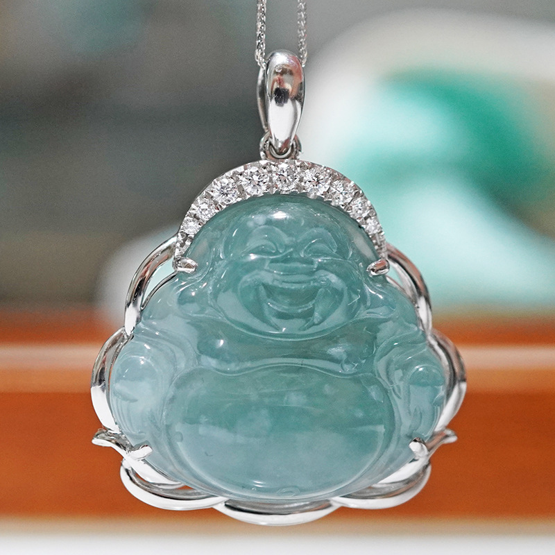 Подвеска из платины Pt950 с культивированным бриллиантом, нефритовая улыбающаяся Будда, инкрустированная полным бриллиантом