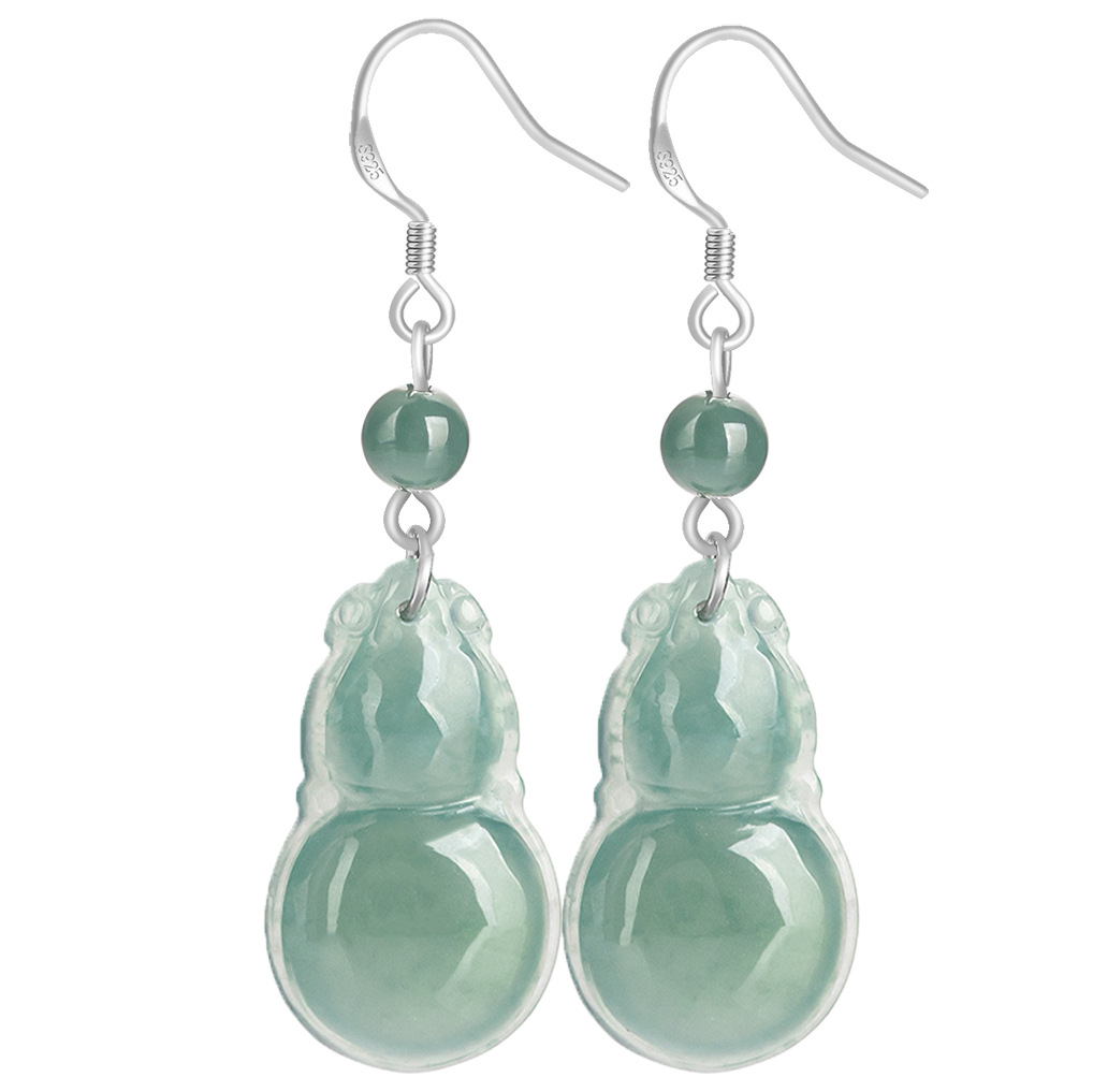 High-grade natural A goods jade blue water gourd earrings S925 silver ice jade stone fashion women's earrings earrings
