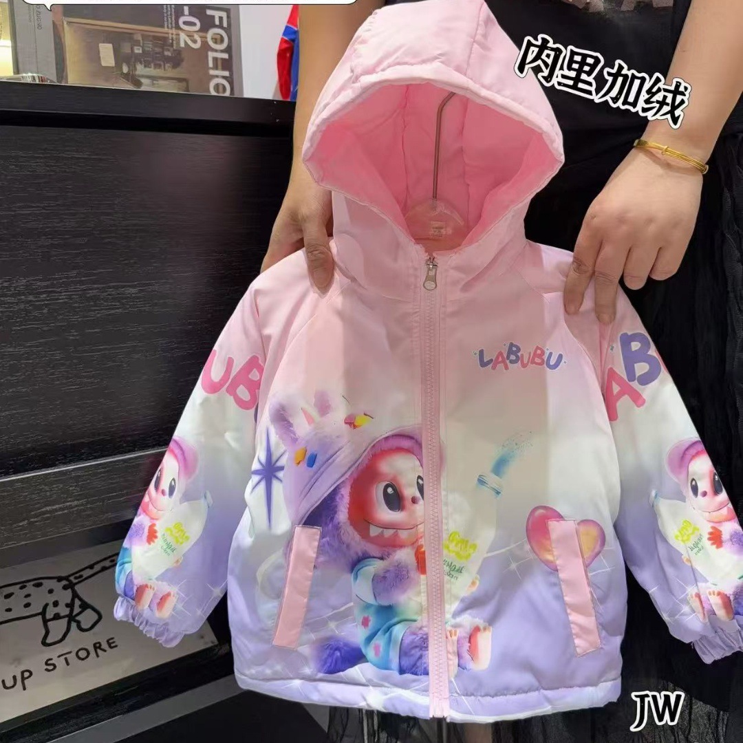 Labubu Girls' Winter Cotton-Padded and Velvet Jackets, Small and Medium-Sized Children's Windproof Jackets, Winter Hooded Thickeneded Windbreakers