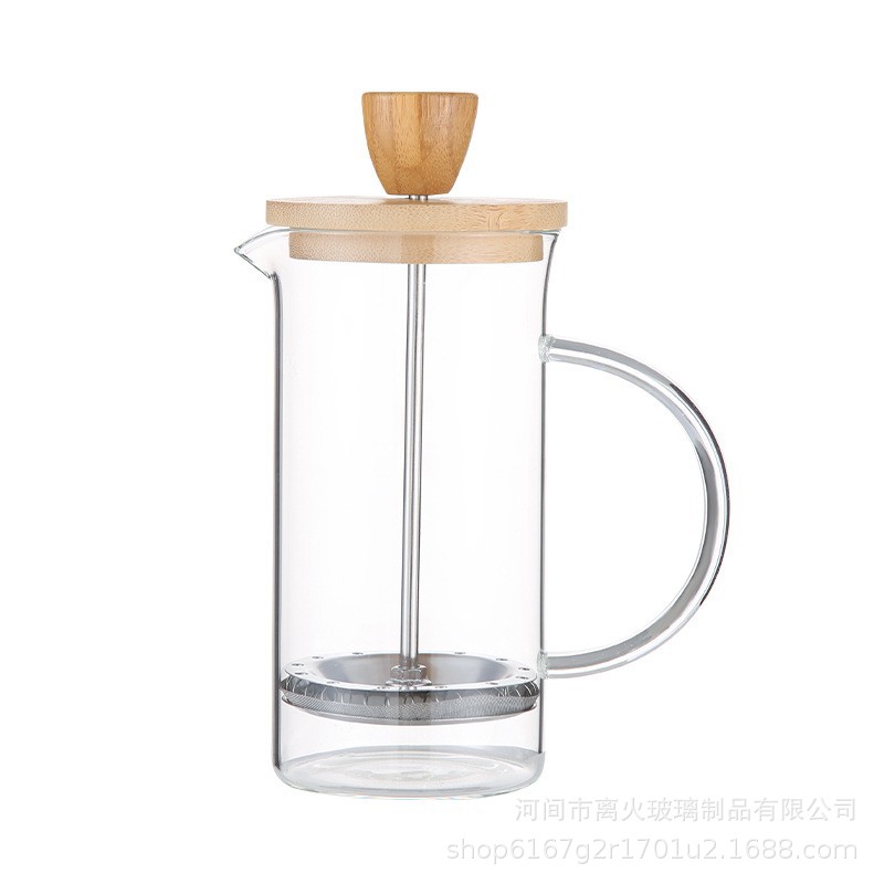 Wooden Cover Coffee Hand Brewing French Press High Borosilicate Tea Maker Stainless Steel Push-Type Coffee Pot Cold Brew Sharing Pot