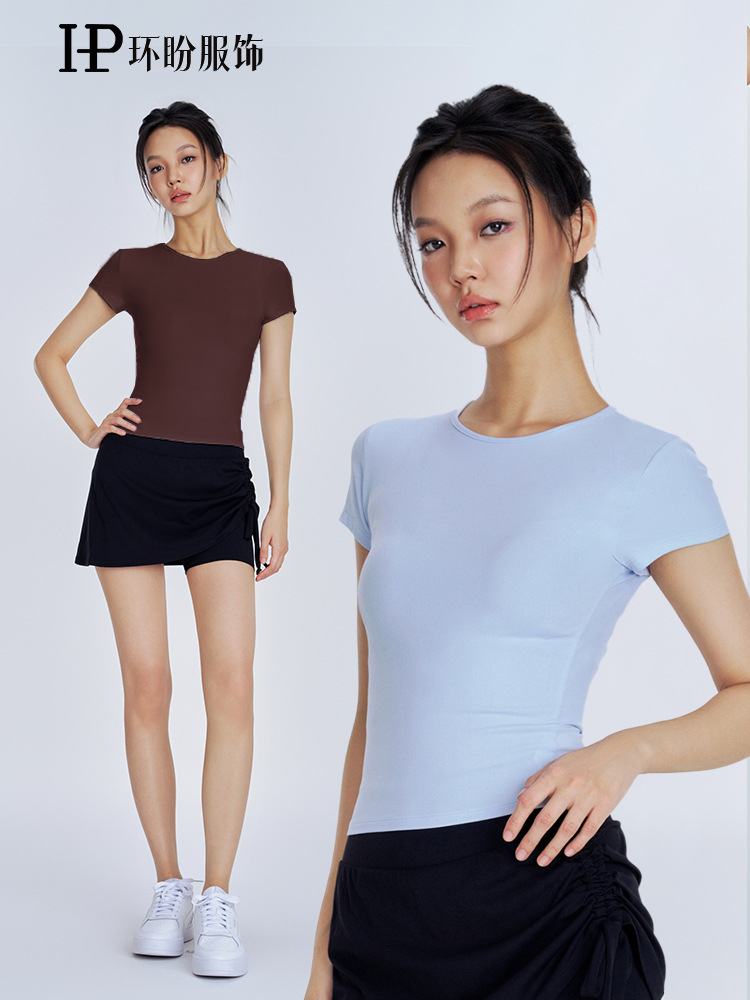 Huapan Fashion Nude Running Yoga T-Shirt Women's Thin Slimming Look Sports Short-Sleeved Elegant Round Neck Fitness Wear for Women