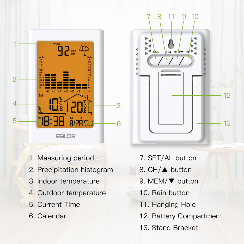 Baode BALDR brand spot indoor and outdoor temperature detection weather station wireless rain gauge