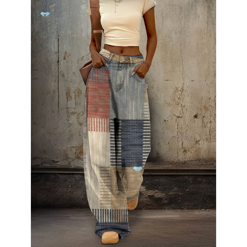 D 862 Women's Retro 3D Print Wide-Leg Jeans - Ombre Wash