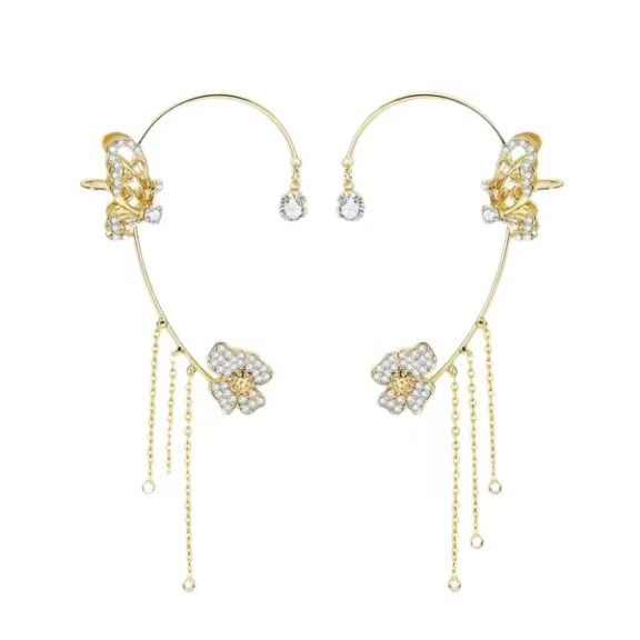 New Chinese Style Super Fairy Simple Fashion Super Flash Diamond Butterfly Flower One-piece No Ear Holes Tassel Ear Hanging Earrings for Women