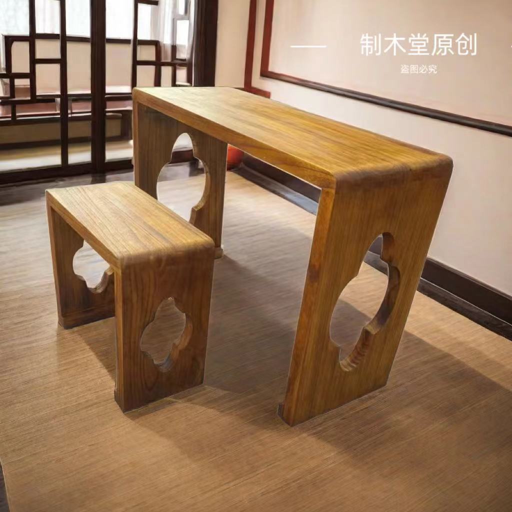 Solid Wood Antique-Style Guqin Table, Chinese Tea Table, Calligraphy Table, Dovetail Joint Guqin Table and Stool, Burnt Paulownia Wood Table