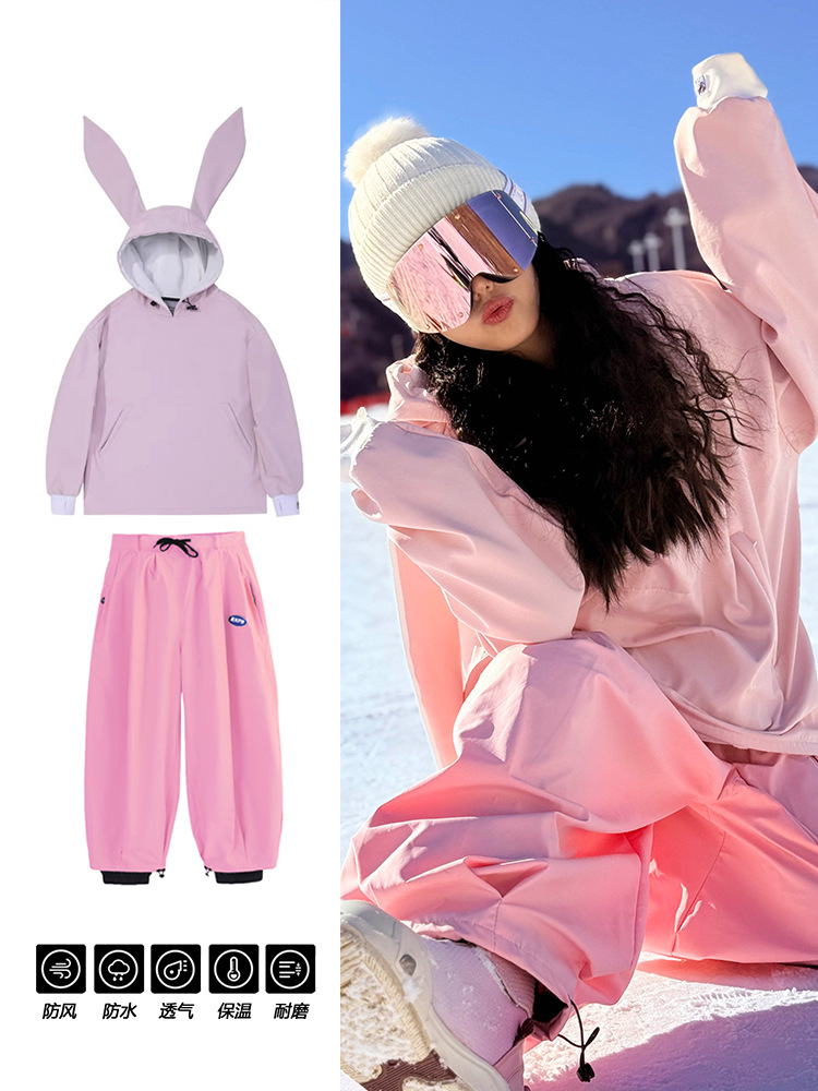 Ice cute outdoor 2-piece ski suit windproof waterproof training clothing fleece-lined warm snow clothing men and women
