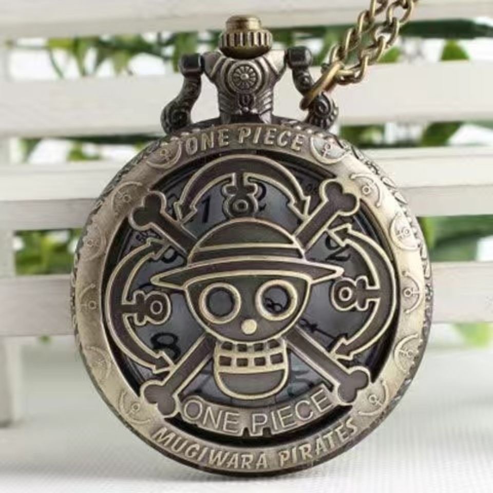 One Piece Luffy Pocket Watch Bronze Hollow Skull Flip Pocket Watch Vintage Anime Student Quartz Necklace Watch