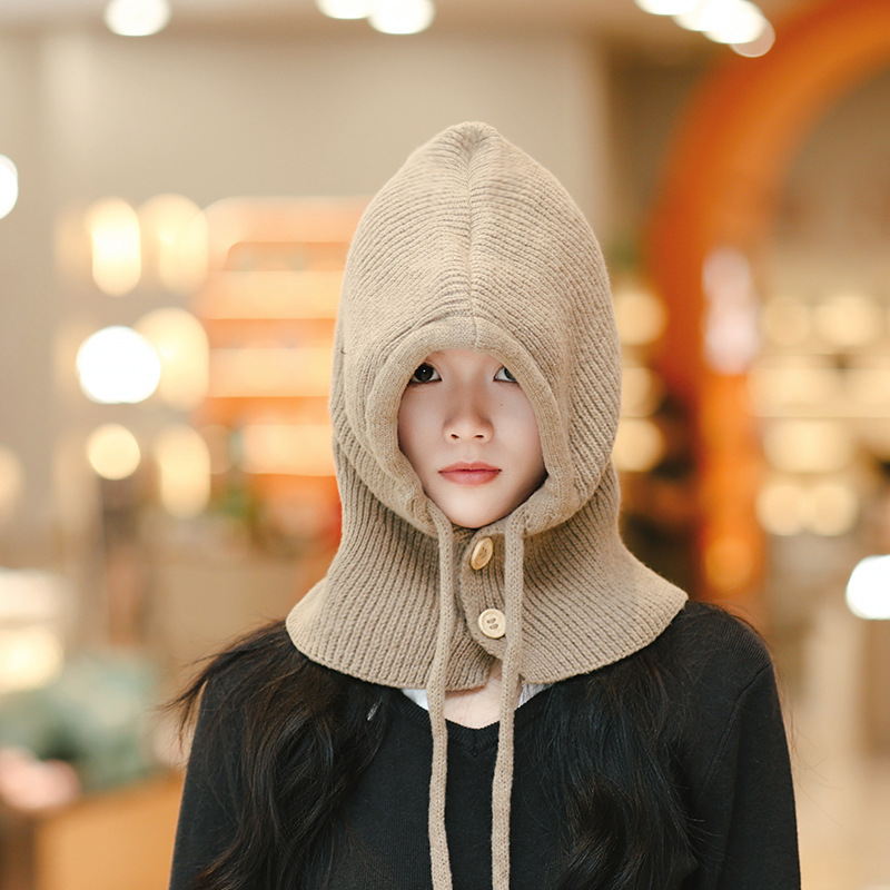 Women's Winter Woolen Knitted Hat, Hat and Scarf, One-Piece Face-Showing Small Ear Protection Korean Balaclava Hat to Keep Warm