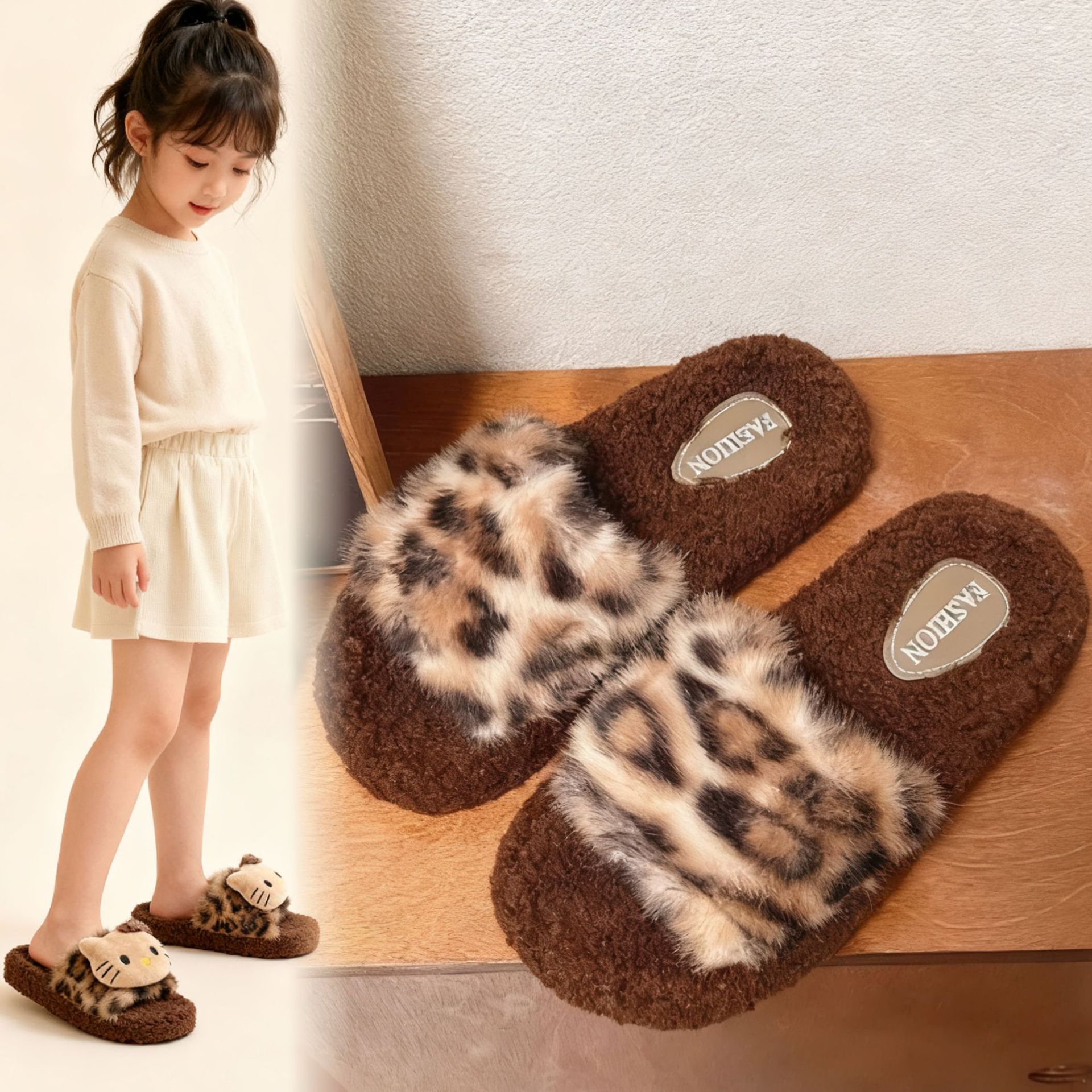 Хлопковые тапочки для девочек, милые, с леопардовым принтом, KT Cat, для дома, с нескользящей толстой подошвой, осень-зима
