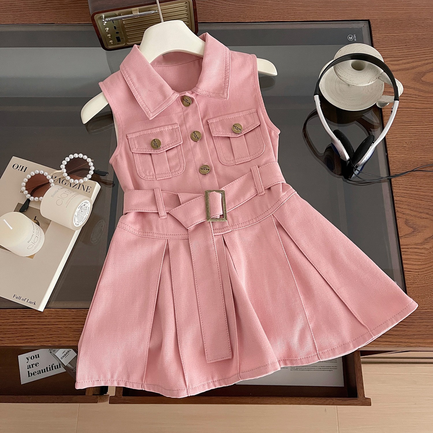 Girls' Fashionable Sleeveless Denim Skirt 2024 Summer New Korean Style Children's Lapel Waist Vest for Baby dress