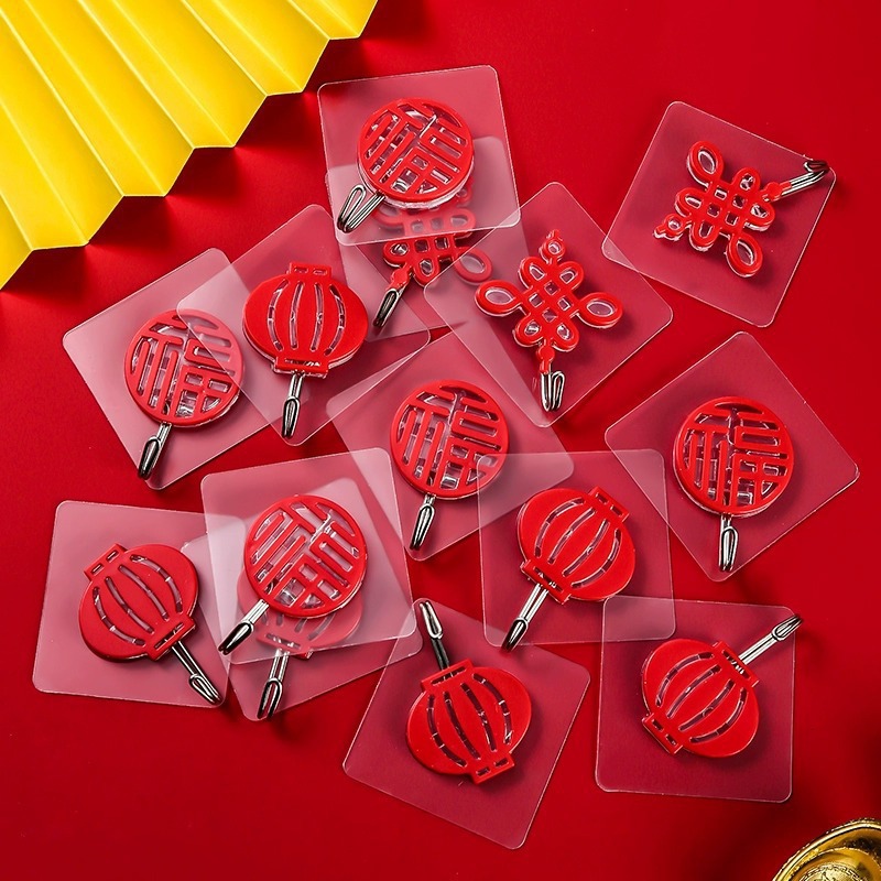 New Style Red Festive Hook with the Character for Fortune, Strong Adhesive, No Drilling, Traceless Adhesive Hook, Chinese Knot Hook Wholesale
