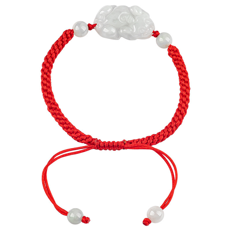 Natural Burmese A-Grade Jadeite Jade Pixiu Bracelet for Women, Hand-Woven Bracelet for Men in the Year of Birth, Red