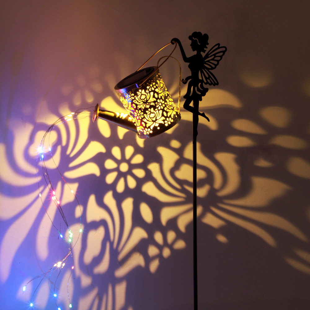 Solar Flower Fairy Lawn Lamp Iron Hollow Projection Lamp Solar Outdoor Waterproof Garden Fairy Kettle Lamp