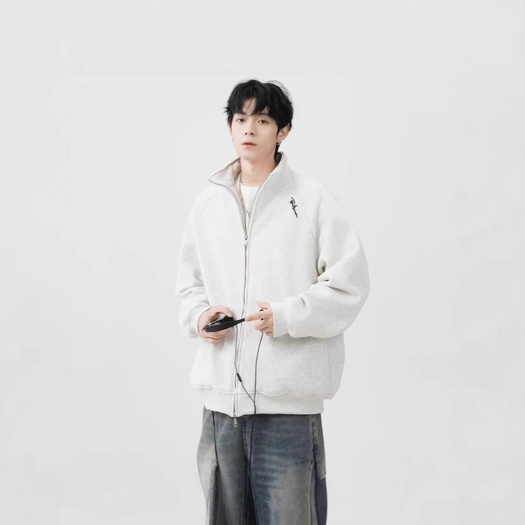 Autumn and Winter Men's Korean Retro Pure Color Stand-Up Collar Casual Jacket Men's Trendyy American Loose Zipper Sweatshirt Jacket