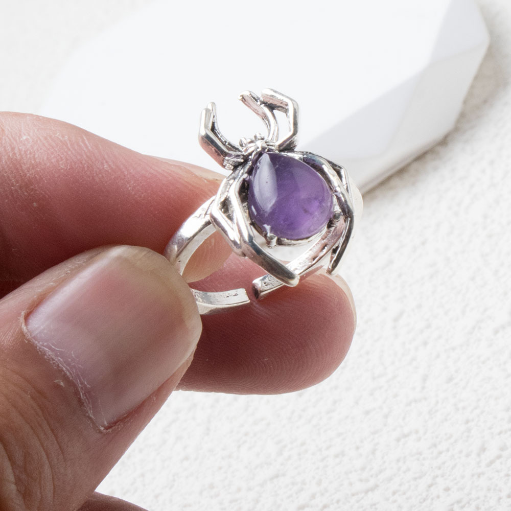 Natural Crystal Agate Stone Inlaid Gemstone Punk Spider Ring Halloween Accessories Cross Border New Product