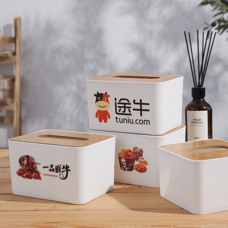 Bamboo Wood Cover Creative Advertising Tissue Box Customized Desktop Hotel Living Room Napkin Plastic Tissue Box Can Be Customized with Printing