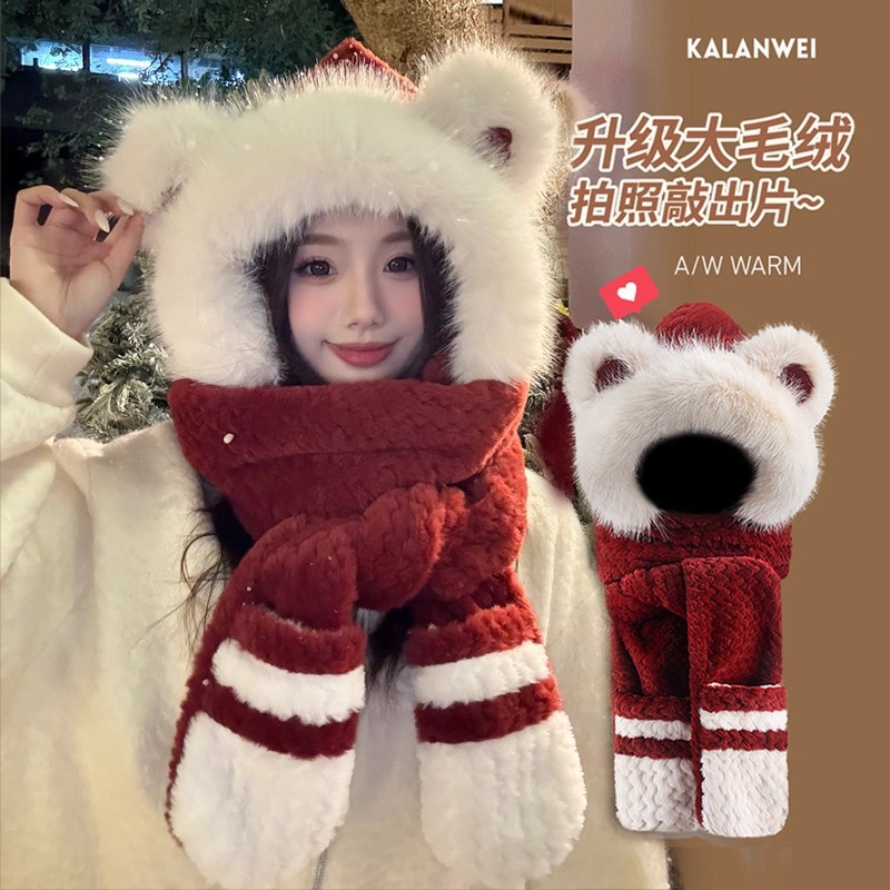 Трехпредметный набор: шапка с цветными блоками, шарф и перчатки, универсальная шапка с капюшоном для женщин, защищающая от ветра и холода