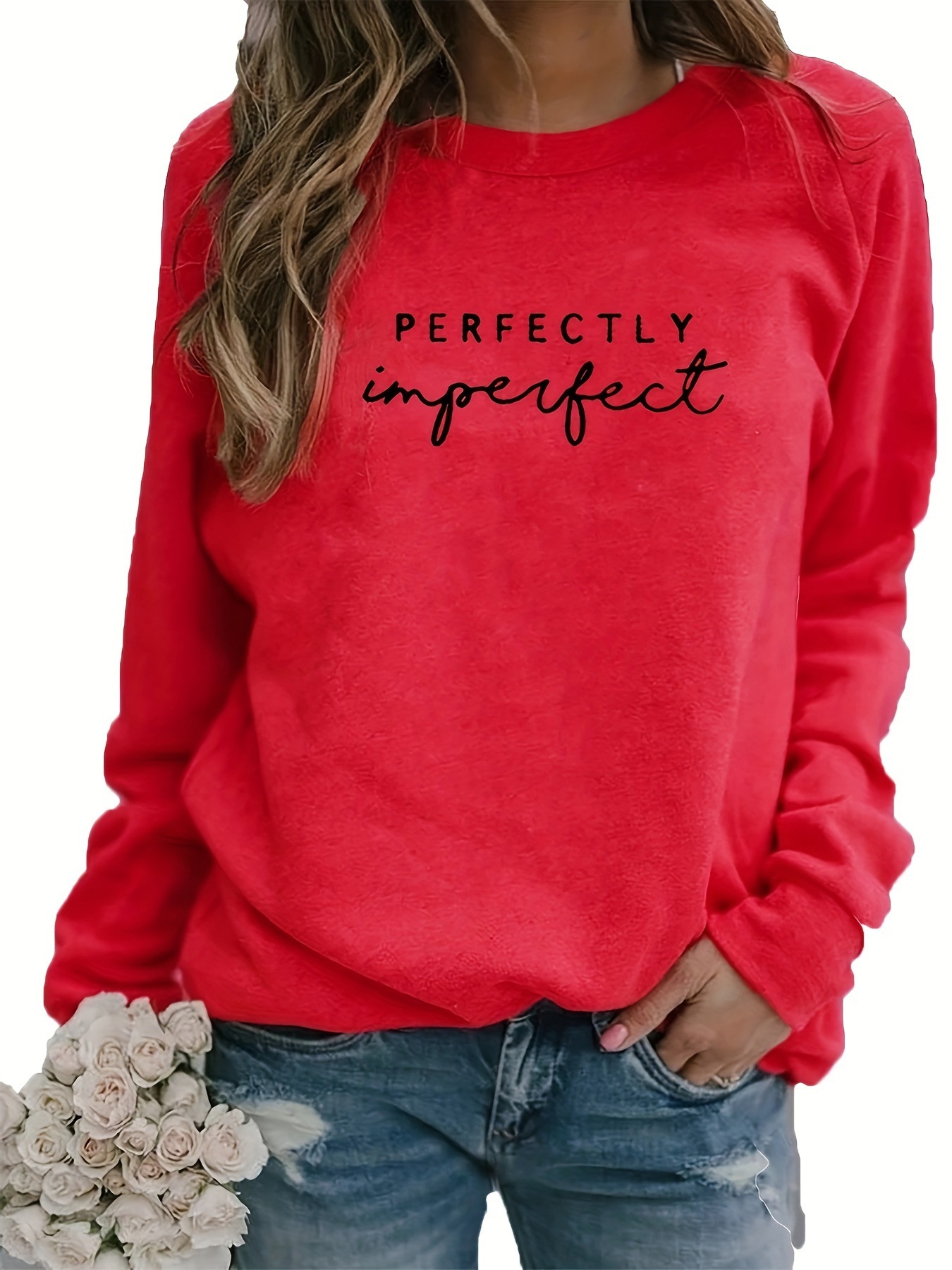 Women's Casual Round Neck Sweatshirt with the Word "Of the Not" Printed on It, Polyester Blend (60% Polyester, 3