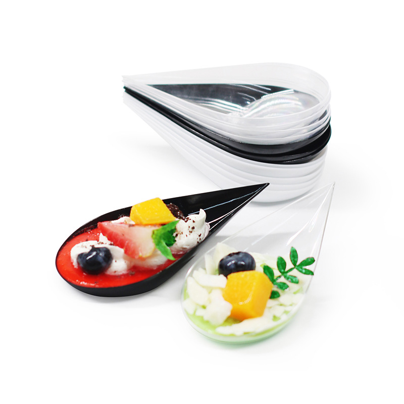 Reusable saucer clear plastic tasting appetizer party teardrop spoon with fork spoon